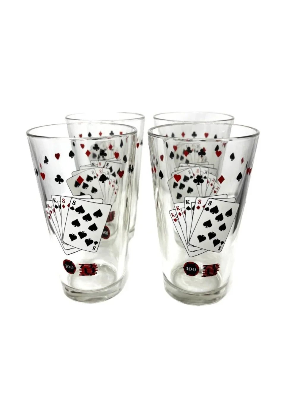 VTG Barware Set of 4 Beer Glasses Full House Playing Cards  w/ Poker Chips